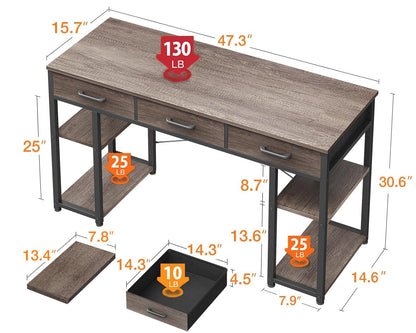 ODK Office Small Computer Desk: Home Table with Fabric Drawers & Storage Shelves, Modern Writing Desk, Grey Oak, 48"x16" - WoodArtSupply