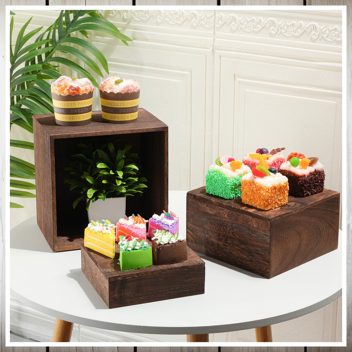 Barydat 6 Pcs Wood Display Risers Rustic Cupcake Stand Food Risers for Buffet Table Wooden Stackable Display Stand Box for Catering Dessert Collectibles Jewelry Figures Show Barydat
