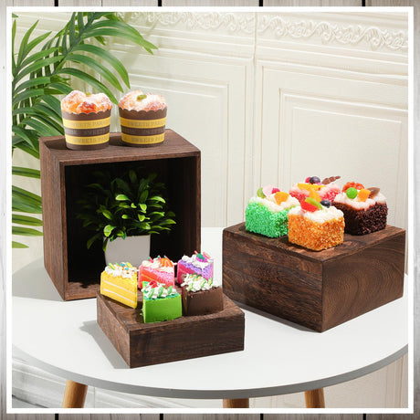 Barydat 6 Pcs Wood Display Risers Rustic Cupcake Stand Food Risers for Buffet Table Wooden Stackable Display Stand Box for Catering Dessert Collectibles Jewelry Figures Show Barydat