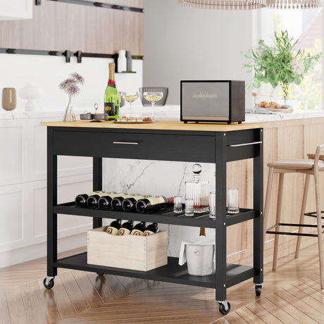 Shintenchi Kitchen Island Cart with Storage,Rolling Kitchen Island Side Table on Wheels with Large Worktop,Storage Cabinet,Towel Rack,Drawers and Open Shelves for Kitchen,Dinning Room,Black Shintenchi