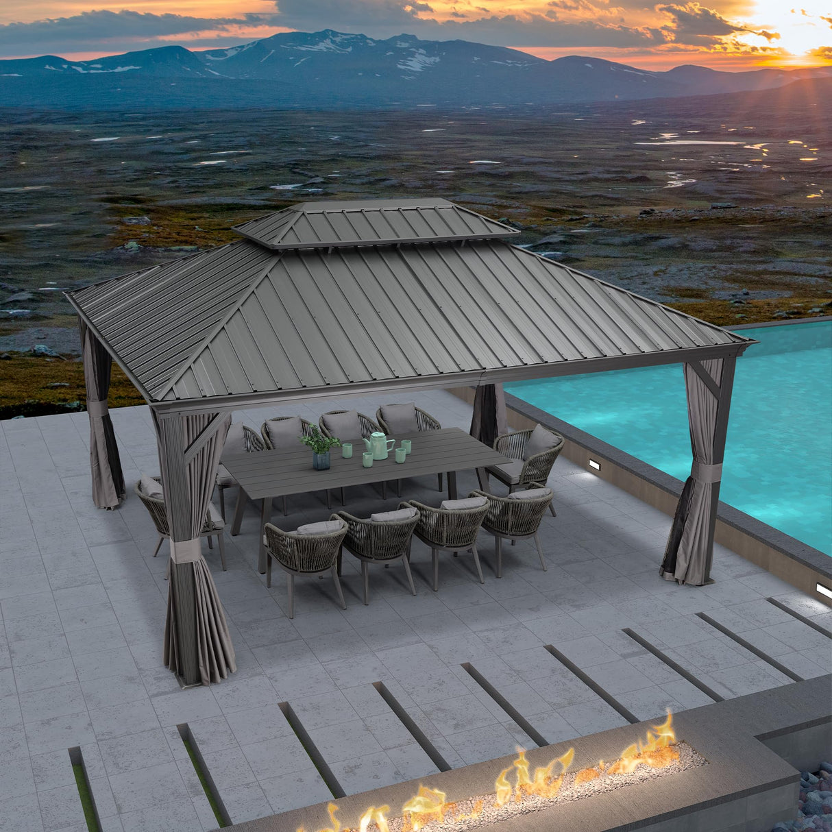 PURPLE LEAF 12' X 16' Permanent Hardtop Gazebo Aluminum Gazebo with Galvanized Steel Double Roof for Patio Lawn and Garden, Curtains and Netting Included, Grey PURPLE LEAF