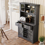 ARTPOWER Wine Bar Cabinet with Sliding Barn Door, 72" Hutch Cabinet with Wine&Glasses Rack, Tall Farmhouse Kitchen Pantry Buffet with Drawers for Dining Room, Gray ARTPOWER