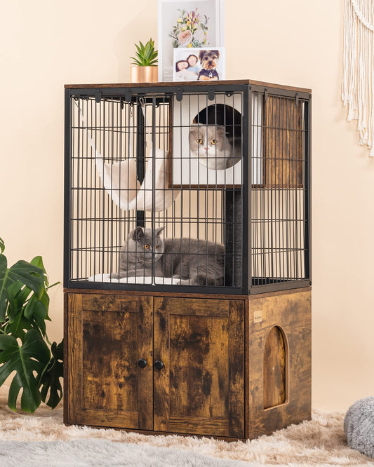 Fourfurpets Cat Litter Box Enclosure, Cat Trees, Wire Cat Cages, All-in-one, Removable and Washable Cushion, Hammock, Natural Sisal Posts, Anti-tip, Height-Adjustable, Rustic Brown - WoodArtSupply