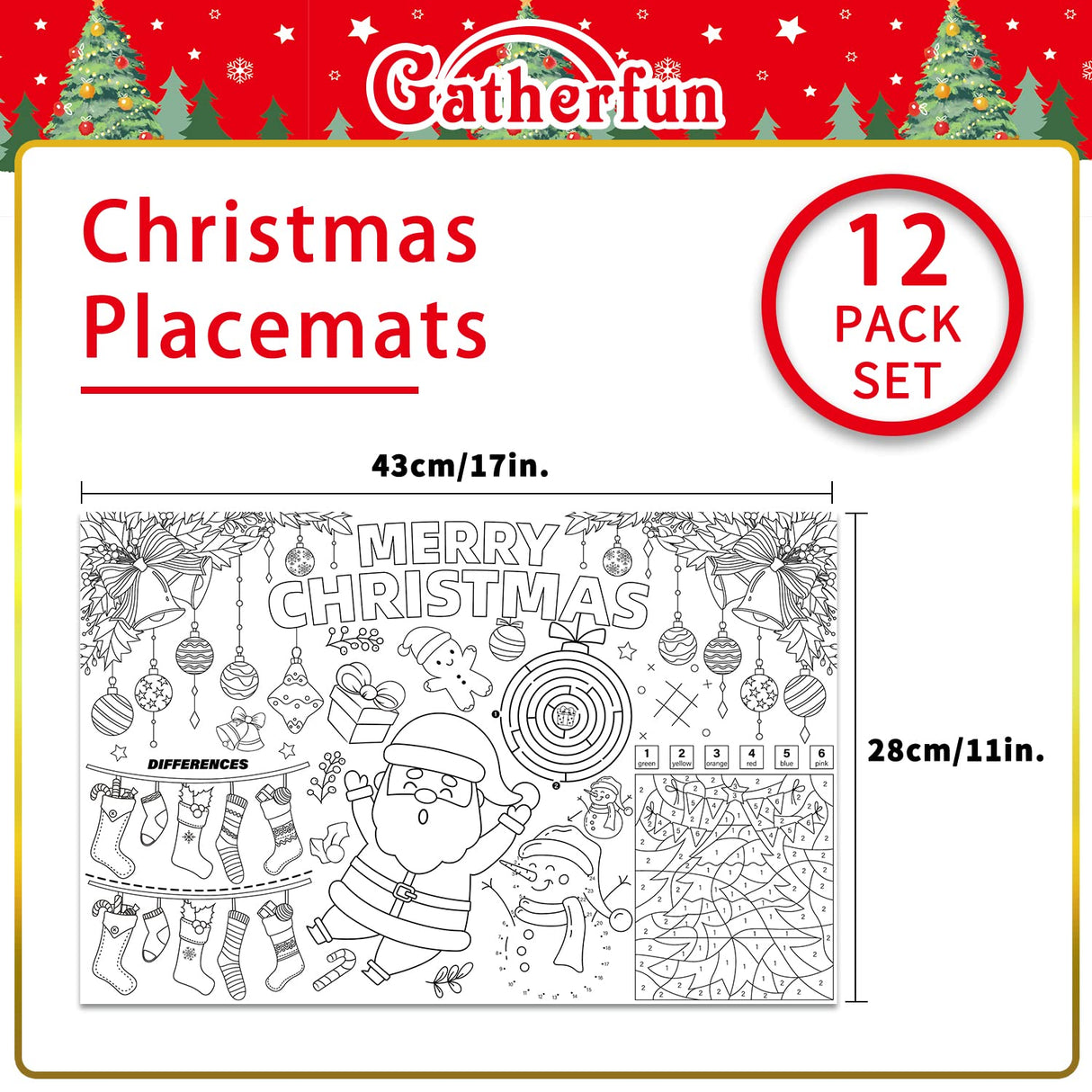Disposable Santa Place Mats for Kids, 12 Pack - 17'x 11' Paper Table Mat Sheets for Merry Christmas School Party Decorations Gatherfun