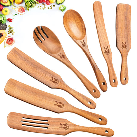 Spurtles Kitchen Tools Wooden, 7Pcs Wooden Spurtle Spatula Set, Natural Premium Acacia Wooden Spoons for Cooking, Heat Resistant Cooking Utensil for Nonstick Cookware, Spurtle for Sourdough Starter ICSTI