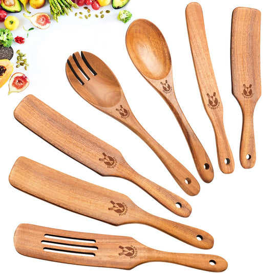 Spurtles Kitchen Tools Wooden, 7Pcs Wooden Spurtle Spatula Set, Natural Premium Acacia Wooden Spoons for Cooking, Heat Resistant Cooking Utensil for Nonstick Cookware, Spurtle for Sourdough Starter