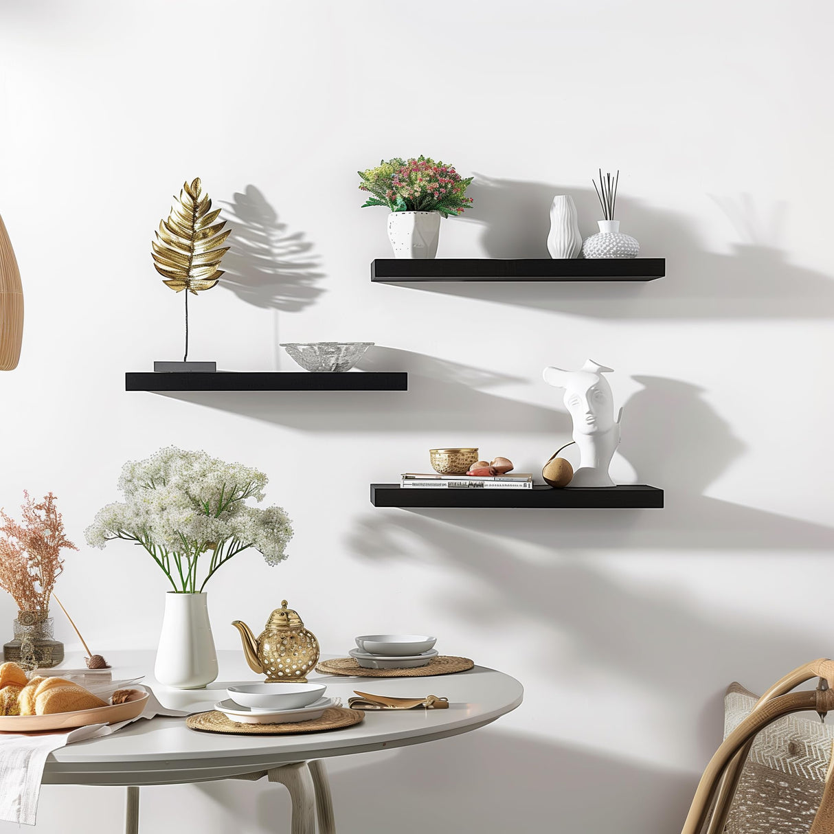 PHPH Wood Floating Shelves for Wall, Wooden Wall Shelves for Bedroom, Set of 6 Black 17 Inch PHPH