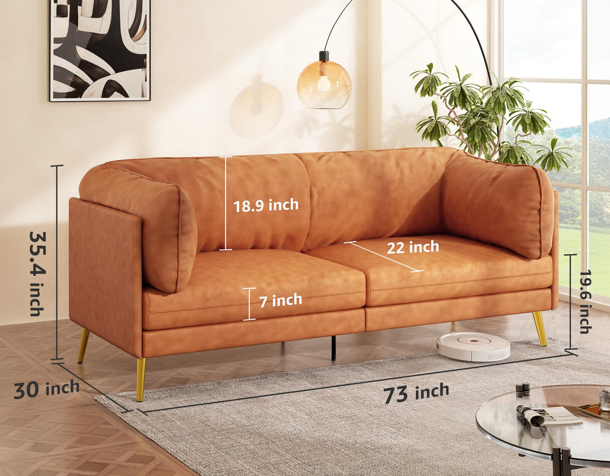 Vesgantti 73'' Mid-Century Modern Couch, Small Loveseat for Office, Living Room, Apartment, Tool-Free Assembly, Solid Wood Frame, Comfy Cushions, Orange Fabric Vesgantti