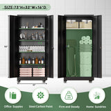 Greenvelly Metal Garage Storage Cabinet with Wheels, 73" Black Lockable Rolling Storage Cabinet with Doors and 4 Adjustable Shelves, Large Lockable Steel Cabinets for Garage, Office, Home, School Greenvelly