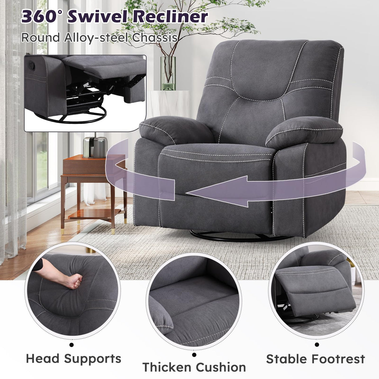 ANJ Oversized Swivel Rocker Recliner Chair for Adults, Manual Rocking Recliner Glider Recliner Nursery Chair Clearance with Decorative Stitching Soft Fabric Thick Cushion for Living Room Bedroom ANJ