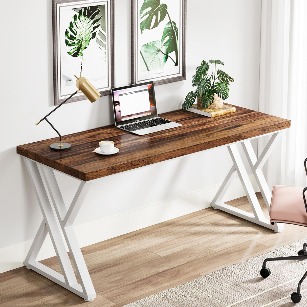 Tribesigns Modern Walnut/White 55" Heavy Duty Computer Desk, Study & Work Desk, 23.6"D x 55.1"W x 29.5"H, Z-Shaped Metal Legs, 330 lbs Capacity Tribesigns