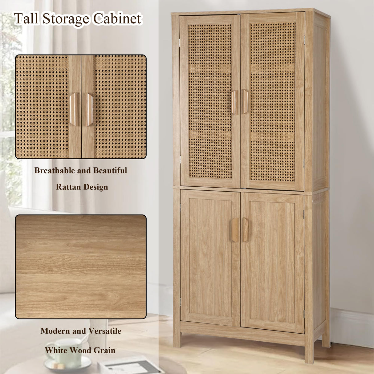 MISHAO 71" Kitchen Pantry Storage Cabinet, Tall Storage Cabinet with Rattan Doors & Adjustable Shelves, Freestanding Cupboard Wood Pantry for Kitchen, Living Room, Dining Room Hallway, Natural MISHAO