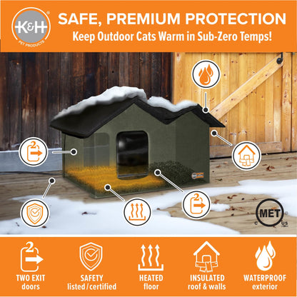 K&H Pet Products Heated Outdoor Cat House Extra-Wide Winter Shelter for Ferals - Cat House for Outdoor Cats, Heated Kitty House for Outside Weatherproof Insulated Protection 26.5" X 21.5" X 15.5"