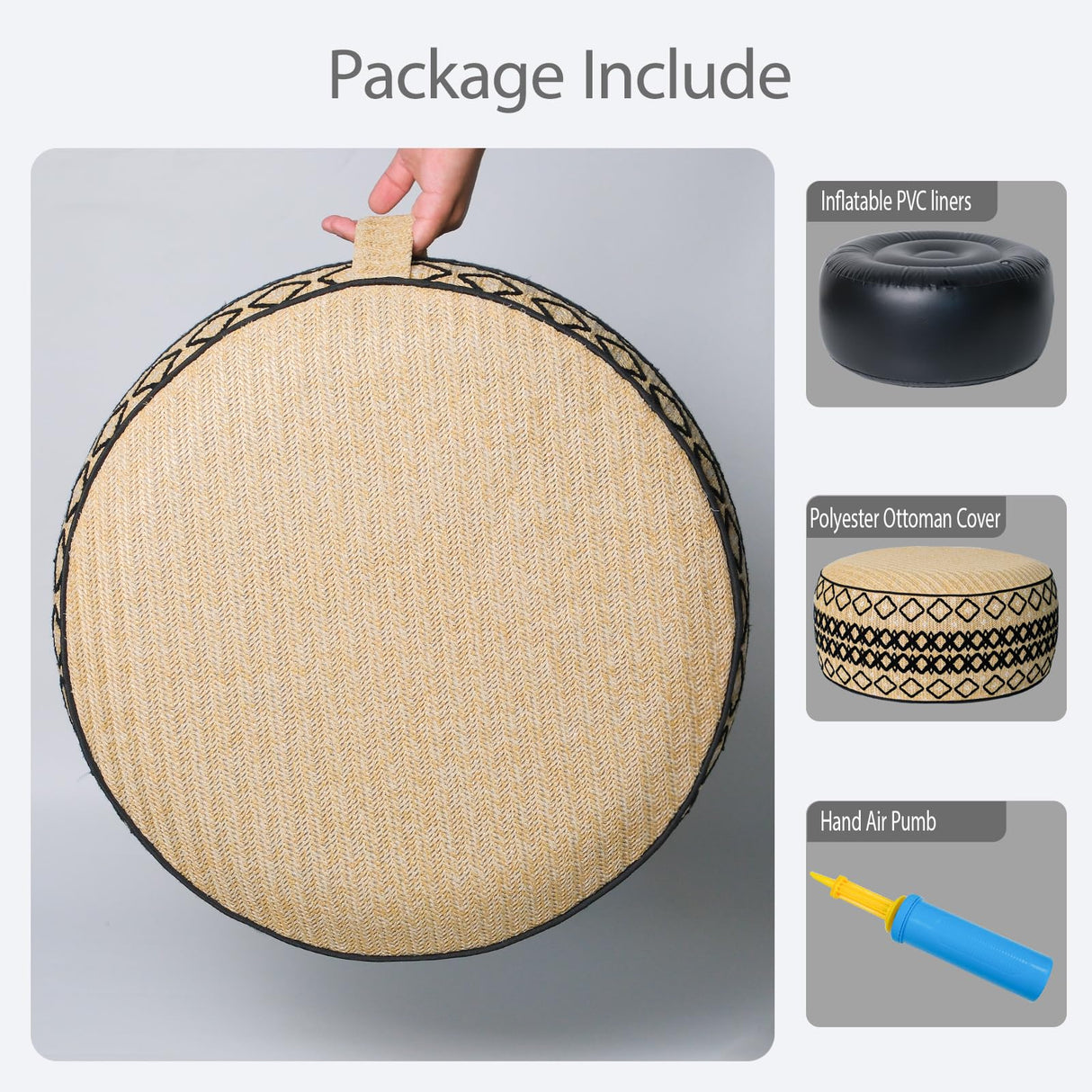 GLADTRAX Outdoor Inflatable Ottoman with Air Pump, Embroidery Patio Footrest Stool D21”x H9”, Round Pouf Ottoman with Portable Handle Suitable for Garden, Camping, Bedroom, Living Room GLADTRAX