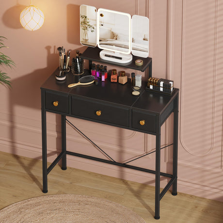 HIGDBFE Small Makeup Vanity Desk 27.5''W with Mirror and Lights, Vanity Desk with 3 Fabric Drawers and Height-Adjustable Stand, Vanity Table for Girls Gifts, Bedroom and Small Spaces, Black HIGDBFE