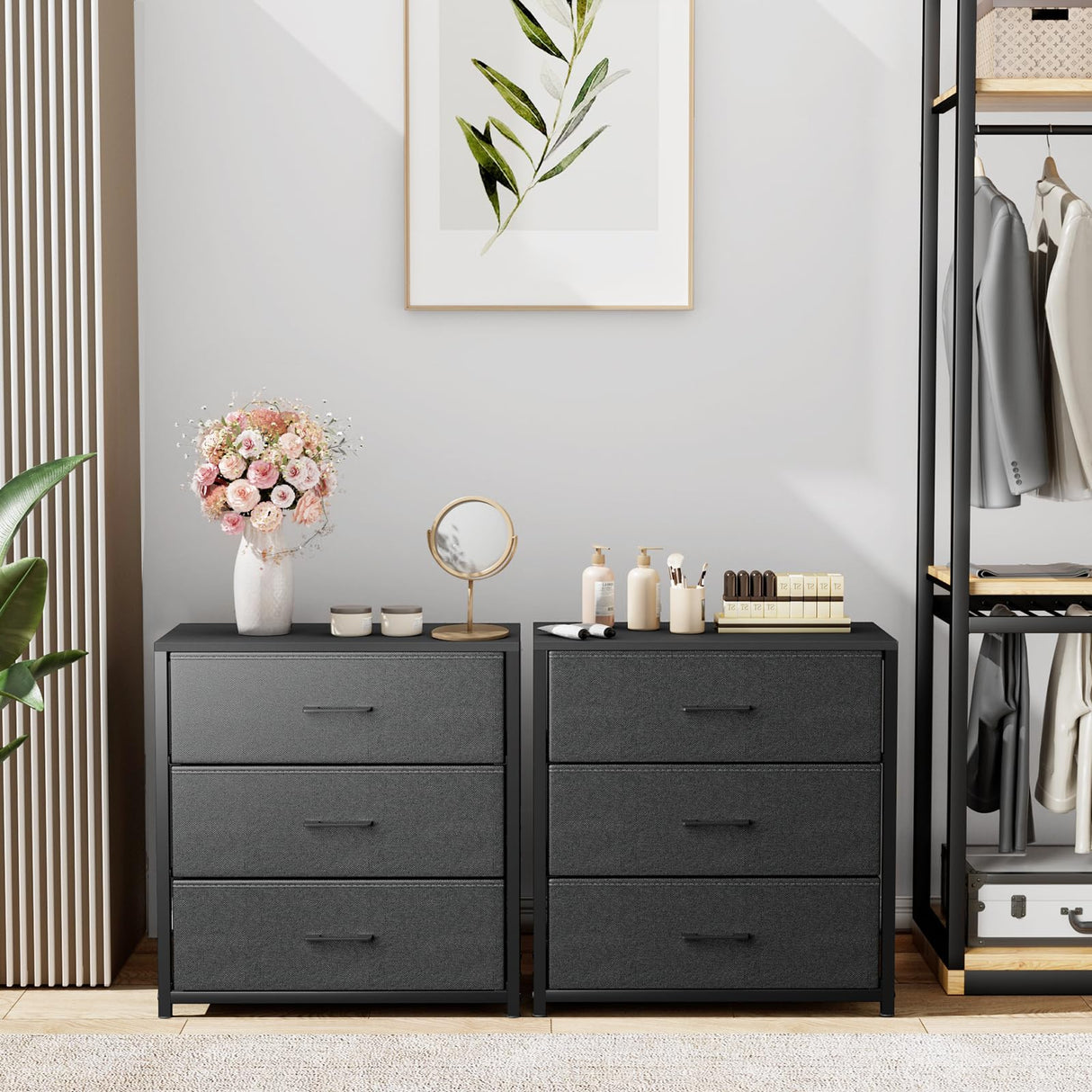 Memobarco Nightstand with 3 Drawers for Bedroom, Storage Dresser with Fabric Drawers and Metal Frame for Closet, Living Room, Bedside Table with Wood Top, Easy Pull Handle, Black Memobarco