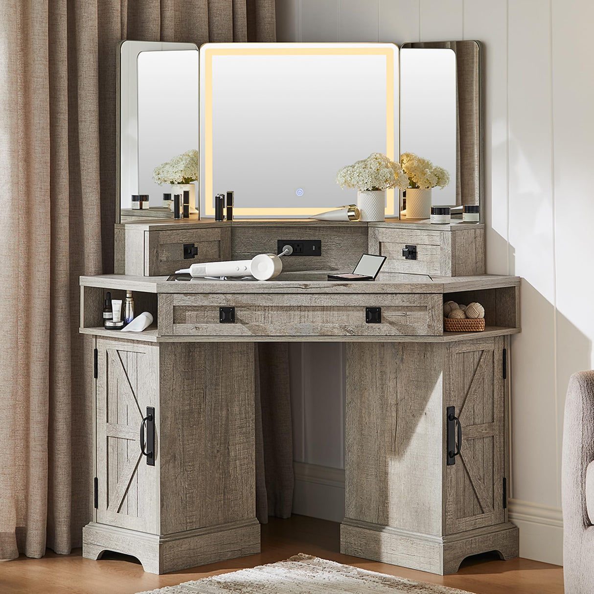 T4TREAM Corner Vanity Desk with Mirror and Lights, Makeup Desk with 3 Way Mirror and Lights, Farmhouse Vanity Table with Charging Station & Glass Top, 48" Vanity Desk with 3 Drawers(Light Rustic Oak) T4TREAM