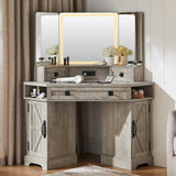 T4TREAM Corner Vanity Desk with Mirror and Lights, Makeup Desk with 3 Way Mirror and Lights, Farmhouse Vanity Table with Charging Station & Glass Top, 48" Vanity Desk with 3 Drawers(Light Rustic Oak) T4TREAM