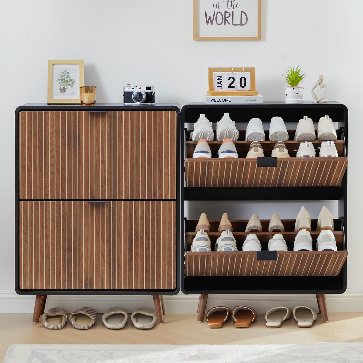 Fluted Shoe Cabinet Storage for Entryway,Slim Shoe Cabinet with 2 Flip Drawers, Narrow Shoes Rack Organizer (Walnut with Black, 2 Drawers) FurSch