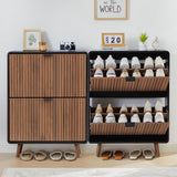 Fluted Shoe Cabinet Storage for Entryway,Slim Shoe Cabinet with 2 Flip Drawers, Narrow Shoes Rack Organizer (Walnut with Black, 2 Drawers) FurSch