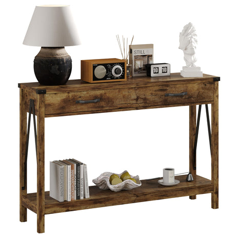 ChooChoo 47'' Farmhouse Console Table with Drawer, Entryway Table with Storage Shelf, Rustic A-Design Sofa Table for Hallway, Entrance, Living Room, Rustic Brown ChooChoo