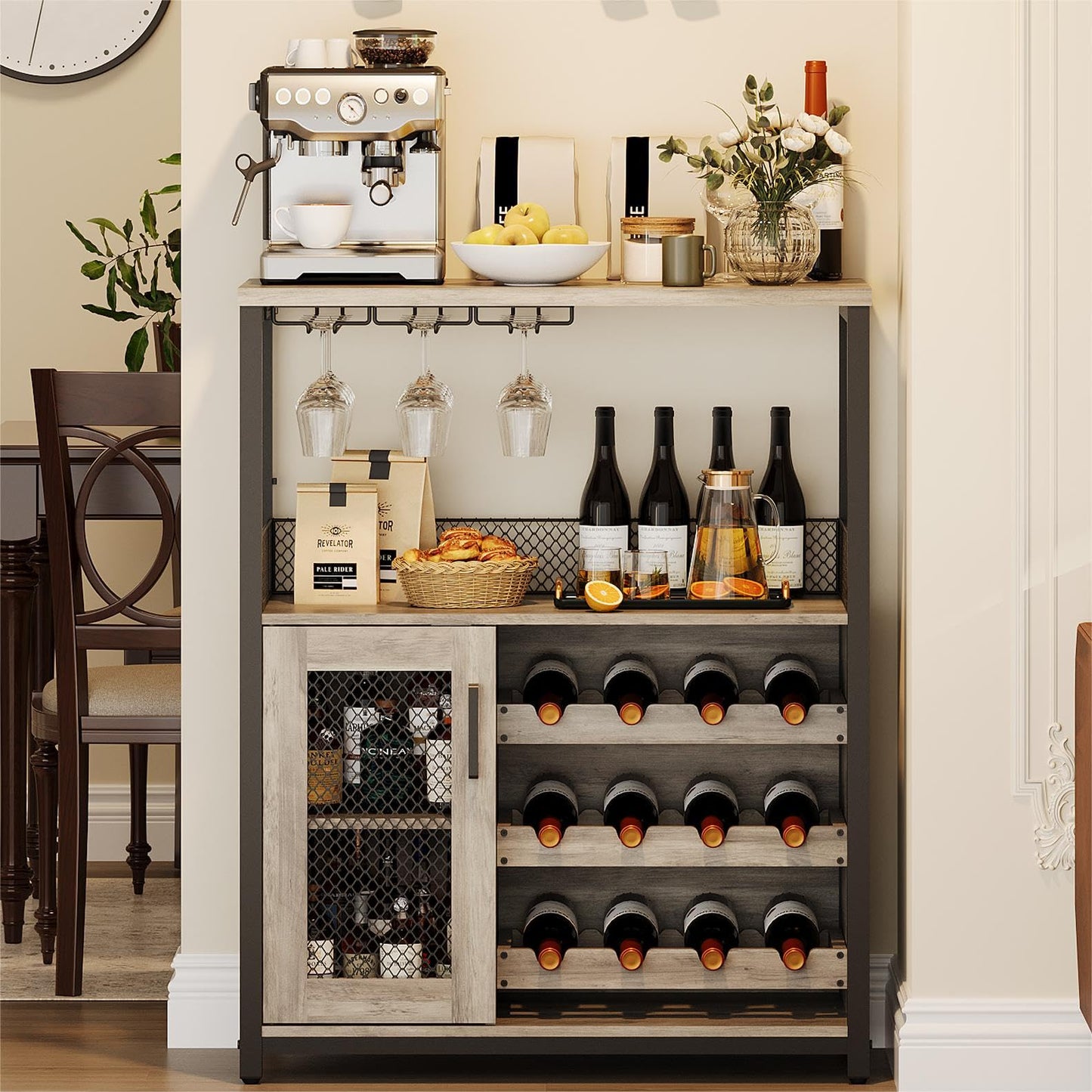 GarveeHome 3-Tier Wine Bar Cabinet with LED Lights, Detachable Wine Rack and Storage Space, Buffet Cabinet with Glass Holder and Mesh Door, for Kitchen, Living Room and Bar. Grey