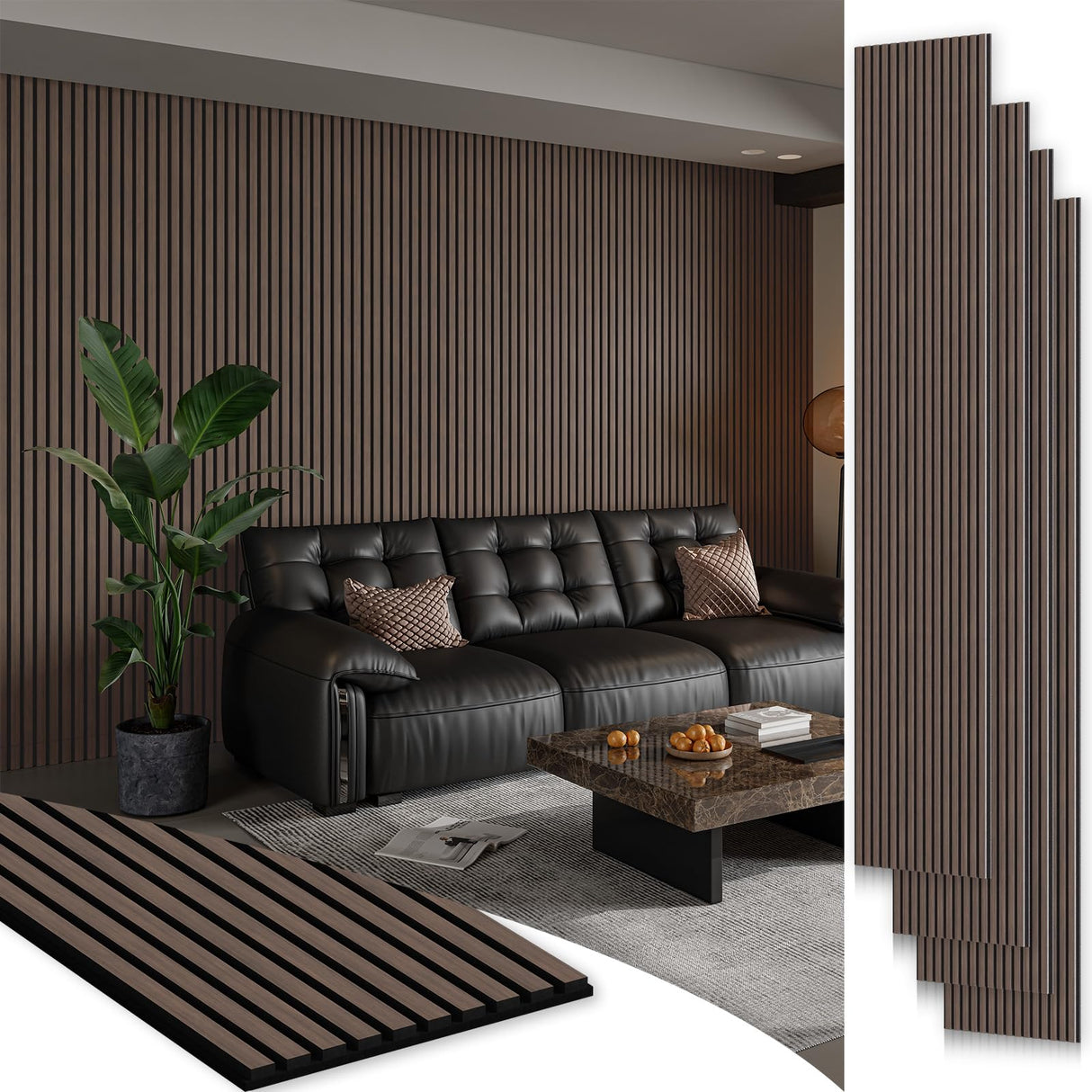 Smartstandard 4 Pack 106" x 12.6" Wood Slat Wall Panels, Soundproof Wooden Wall Panels, Acoustic Wood Panels for Wall, 3D Fluted Wood Panels for Interior Wall Decor, Dark Walnut SMARTSTANDARD