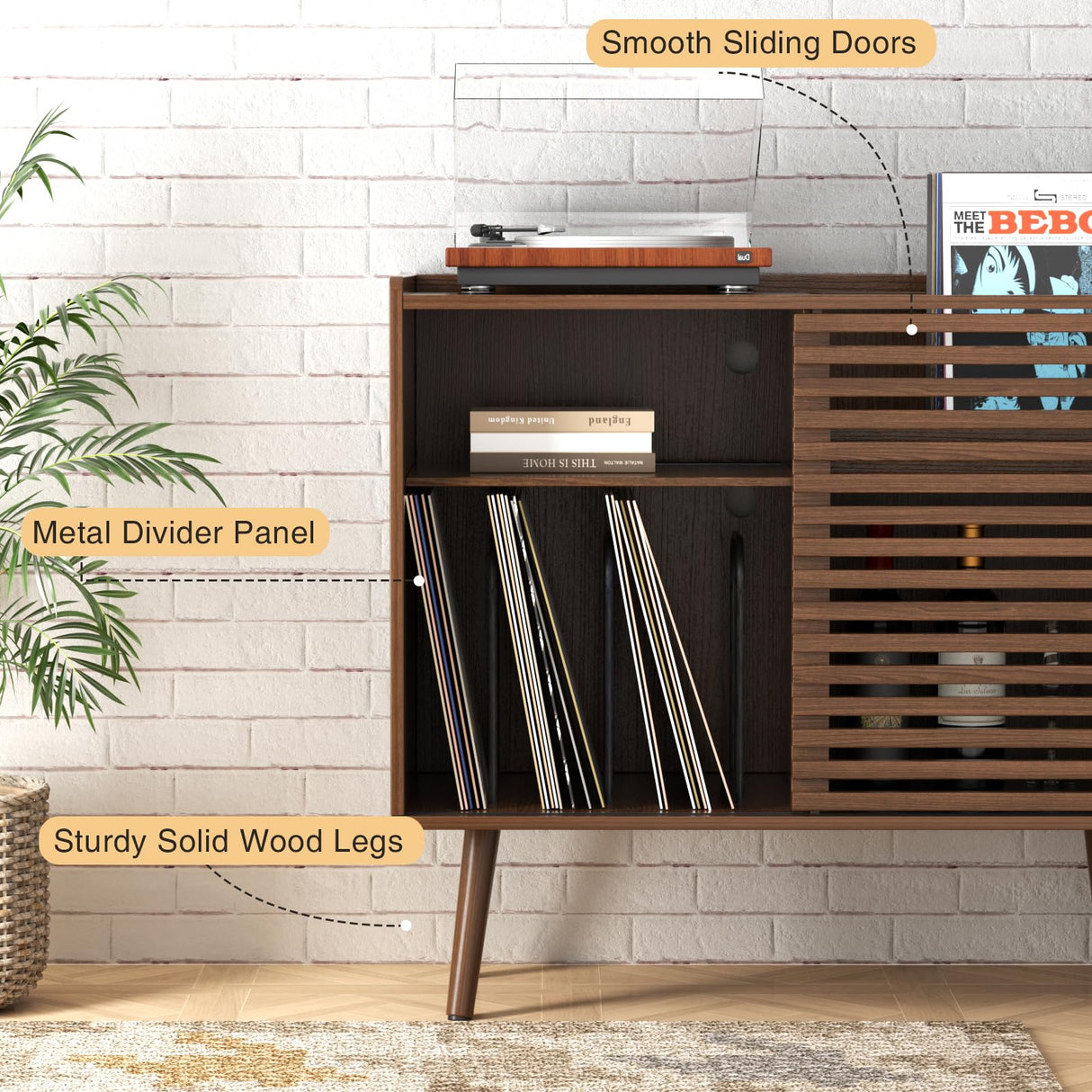 Mid Century Modern Record Player Stand with Power Outlet and Storage Cabinet, Slide Door for Bedroom and Living Room Halitaa