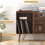 Mid Century Modern Record Player Stand with Power Outlet and Storage Cabinet, Slide Door for Bedroom and Living Room Halitaa
