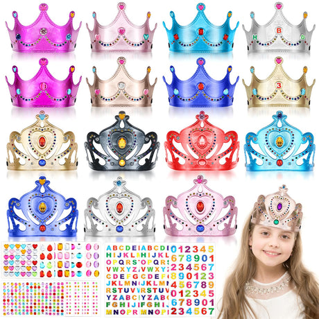 ZYNERY 29 Pcs Birthday Crowns for Kids Fabric Crafts with Stickers Bulk 4-14mm Rhinestones,Princess Tiaras DIY Crown Gifts for Girls Boys Role Rlay ZYNERY