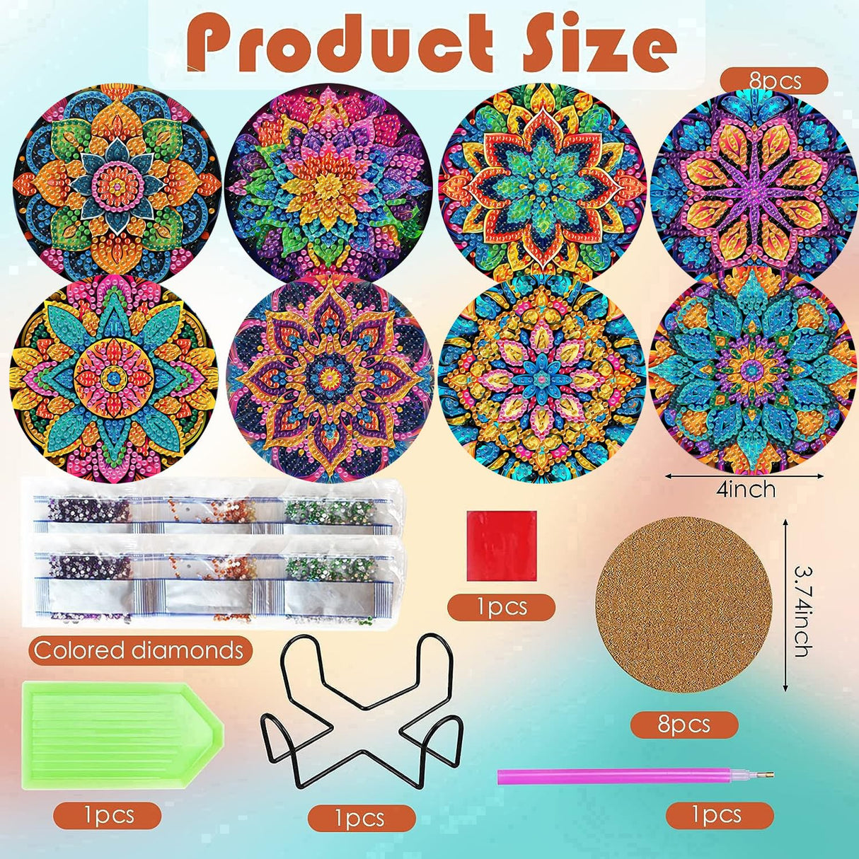ijbnhd Mandala Diamond Art Coasters Kits for Adults, 8 Pieces Mandala Diamond Painting Coasters with Holder for Beginners 4X4inch (Cork Wooden Pad) ijbnhd