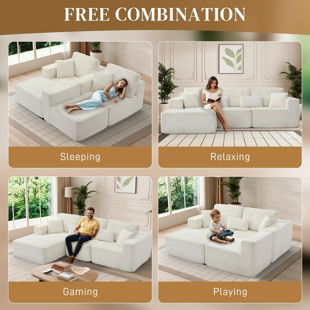 HYJT-H&K Modular Sectional Sofa Cloud Sectional Couch, 107" Comfy Fluffy L Shaped White Couches for Living Room, Deep Seat Memory Foam Plush Corduroy Boneless Couch Sectionals Left Facing Chaise Sofa HYJT-H&K