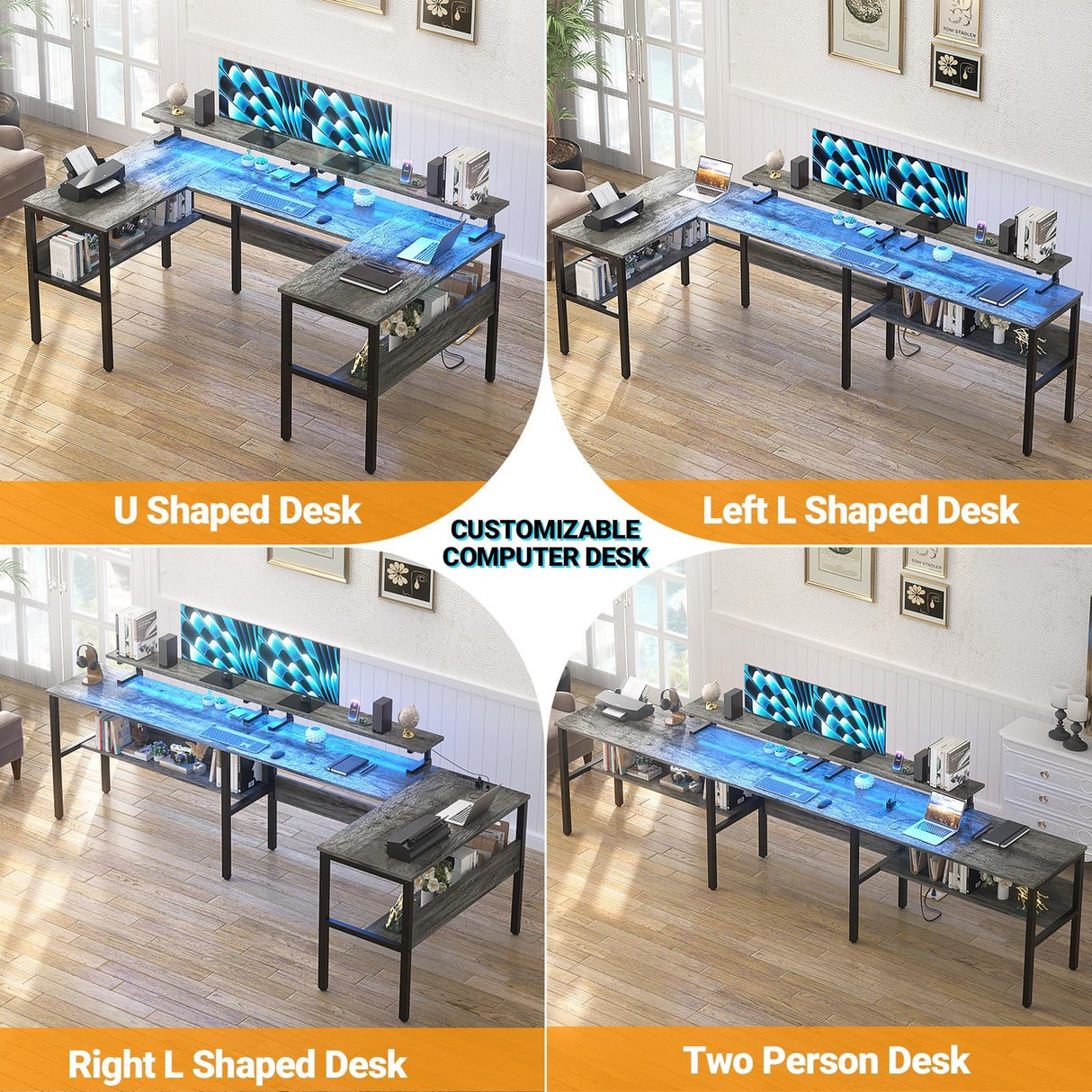 Hyomdeck Customizable U Shaped Desk & L Shaped Office Desks with RGB LED Light, Adjustable Monitor Stand and Power Outlets, Reversible Computer Desk with Storage, Large L Shape Gaming Table, Black Oak Hyomdeck