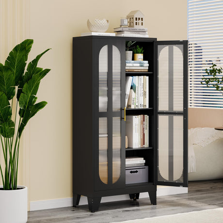 pozdeg Metal Storage Cabinet, Kitchen Pantry Cabinet with 2 Cross Door Panels and 3 Adjustable Shelves, Versatile Storage Pantry for Living Room Office Laundry Dining Room or Outdoor (Black) pozdeg