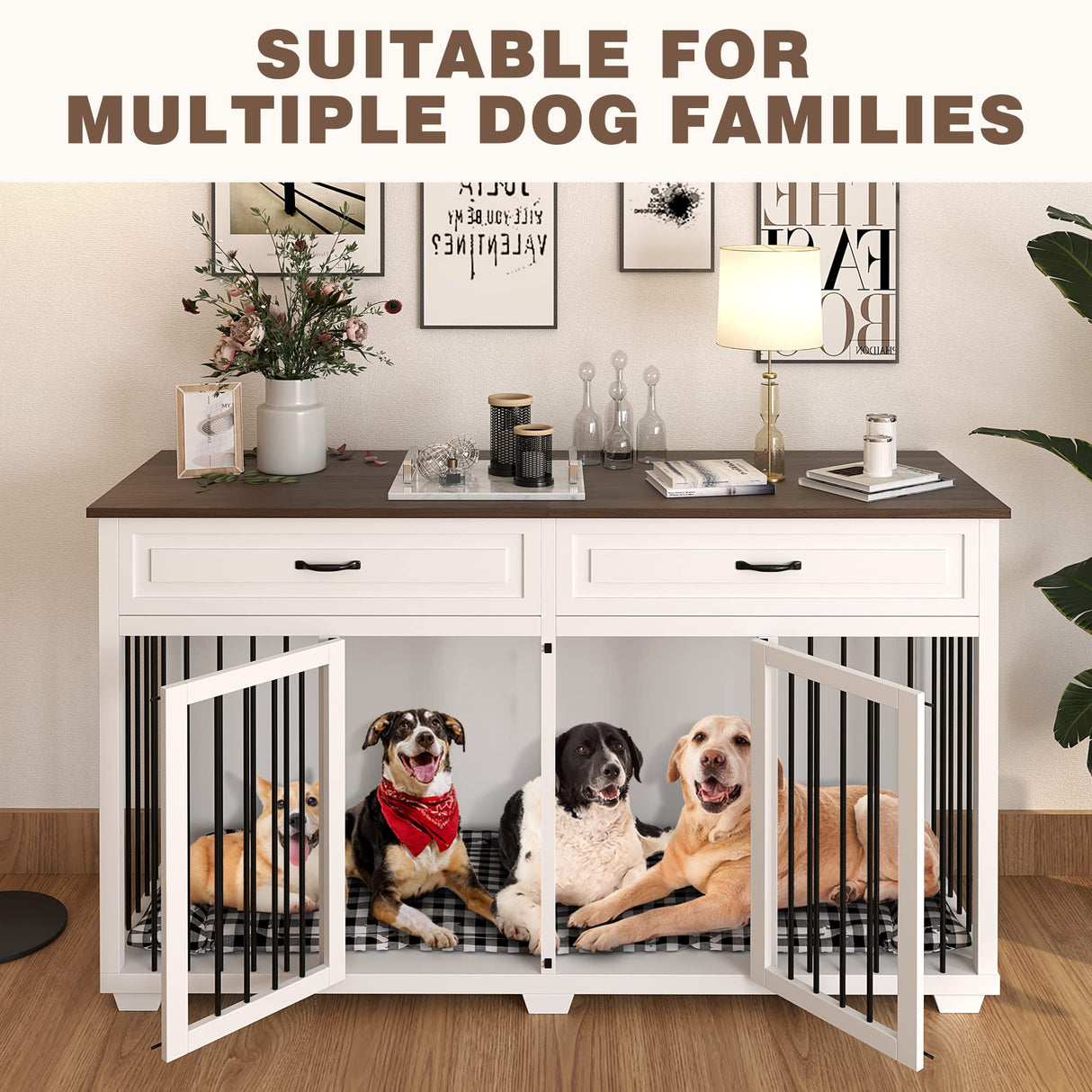 Lovinouse Large Dog Crate Furniture, 72.4" Wooden Dog Crate Kennel with 2 Drawers and Divider, XXL Heavy Duty Dog Crates Cage Furniture for Large Dog or 2 Medium Dogs Indoor, White Lovinouse