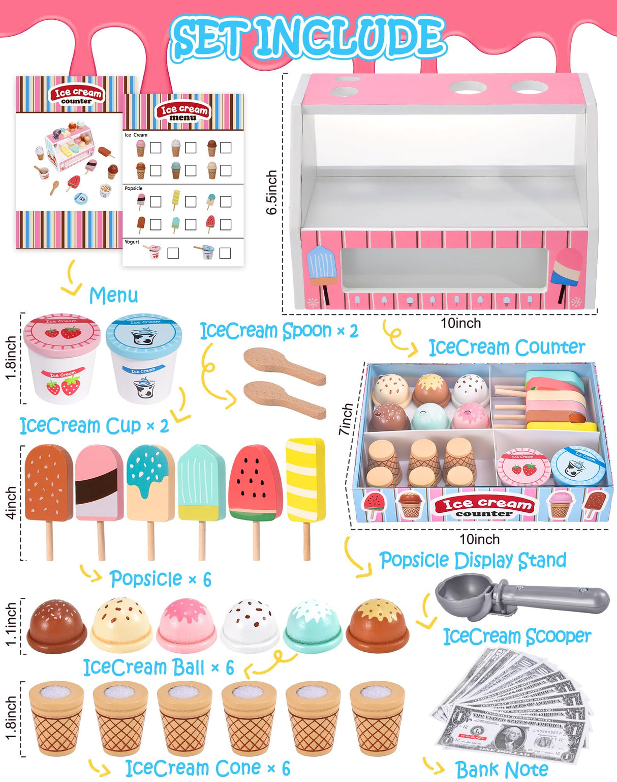 Wooden Ice Cream Toys Kids Kitchen Play Store for Toddlers Girls, Play Kitchen Accessories with Scoop & Menu & Fake Money, Wooden Toys for 3 4 5 Year Old Girls Boys Birthday Toyssa