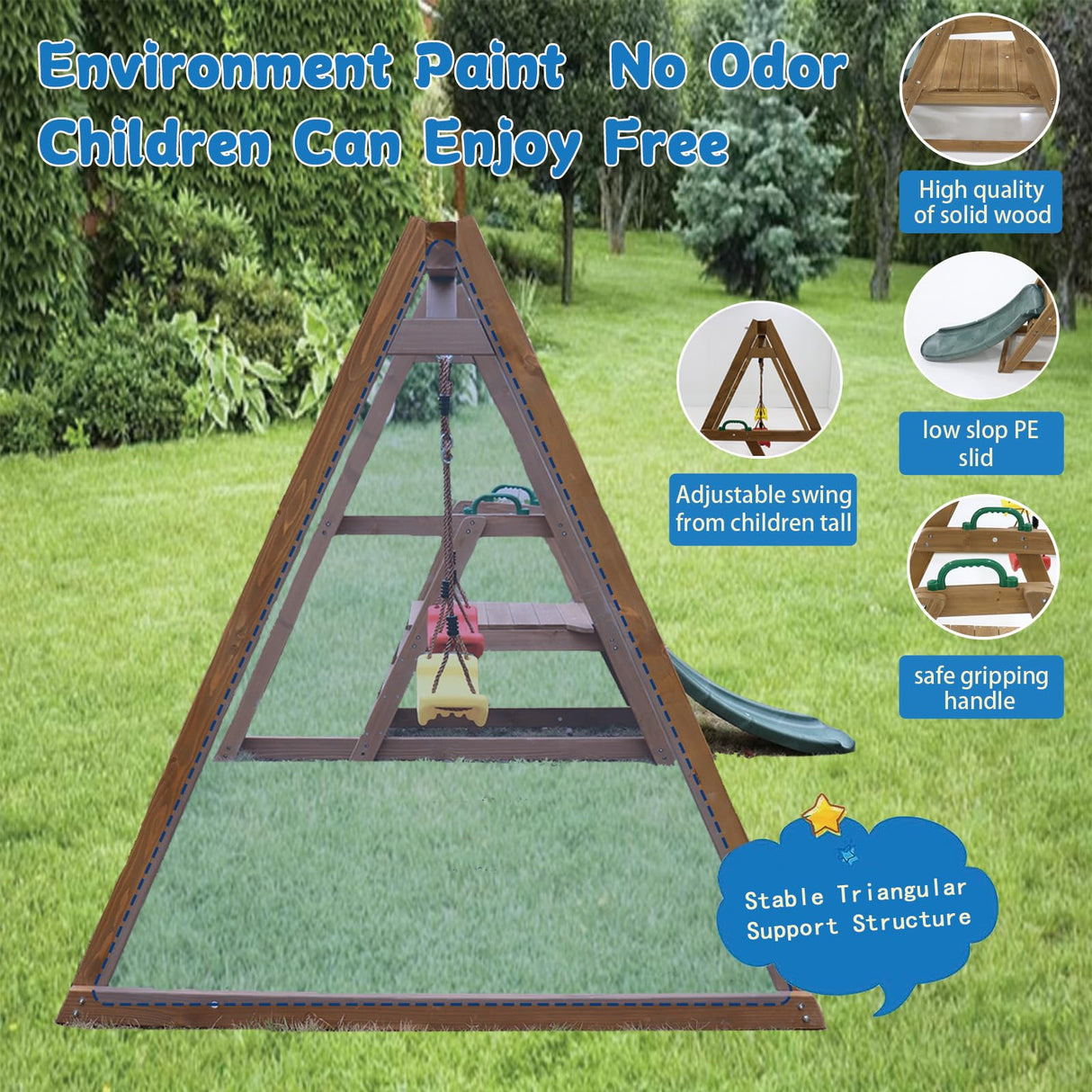 POPUQUEEN Kids Swing Set Outdoor and Slide - Sturdy Solid Wood Swing Frame with Climbing Ladder - Natural POPUQUEEN