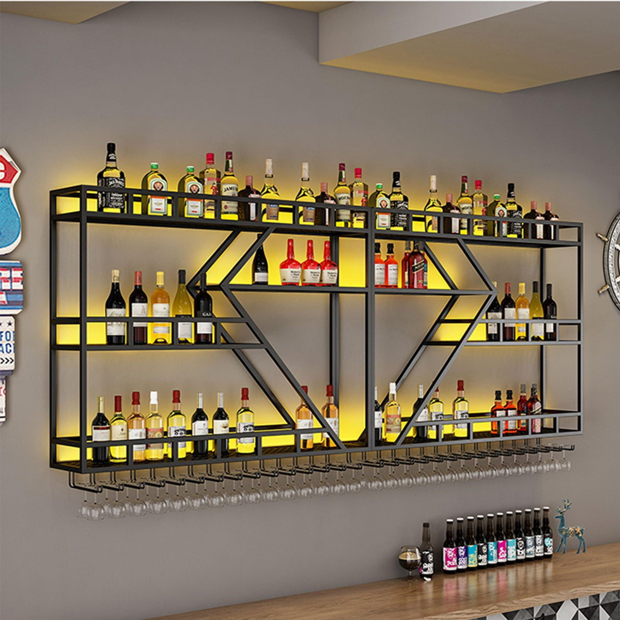 Wine Rack Wall Mounted Bar Shelves with Hanging Wine Glass Holder Rack and LED Light Liquor Bottle Display Shelf Floating Bar Shelves Whiskey Shelf Kitchen Wall Cabinet for Home Bar Cafe Dining Room ( JOSIAHCQ