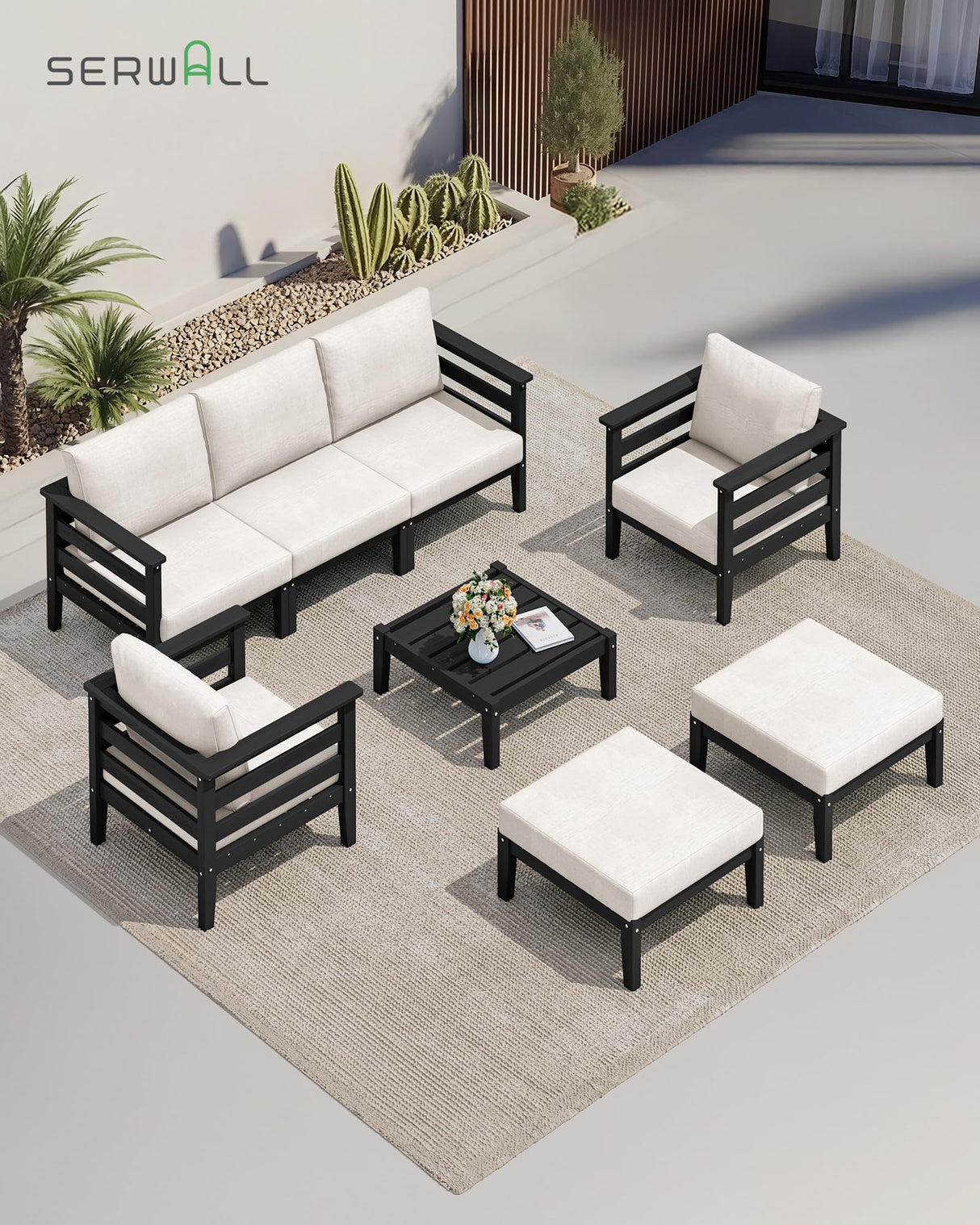SERWALL HDPE Outdoor Furniture Set, 4 Pieces Patio Sectional Sofa Set, All-Weather Wood-Like Outdoor Sofa with Coffee Table for Deck, Garden, Black Frame with Khaki Cushion SERWALL