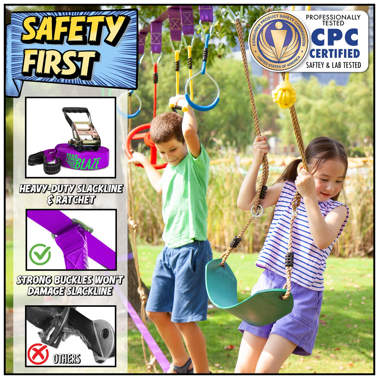 Ninja Warrior Obstacle Course for Kids Workout Equipment, 2 x 55ft Slacklines with 10 Weatherproof & Durable Ninja Kids Toys - Ninja Course for Kids Outside , Kids Obstacle Course Backyard Trailblaze