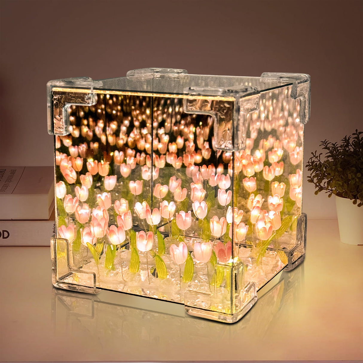 WULCFCH Tulip Night Light, LED Infinity Mirror Lamp Tulipanes DIY Finished Product Decorations Lights Artificial Flower Bedside Table Lamp Creative Gift for Mom Teenage Girl Couple Friend WULCFCH