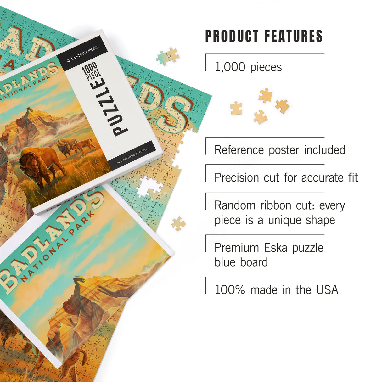Lantern Press Made in USA Puzzle for Adults - 1000 Pieces, Reference Poster, Premium Box, Badlands National Park, South Dakota, Oil Painting Lantern Press