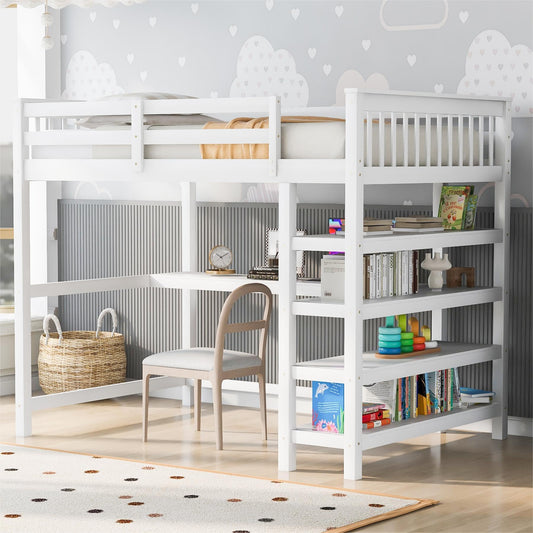 Merax Wood Loft Bed with Desk and Shelves : Full Size Loft Bed with 4-Storage Shelves and Under-Bed Desk,Solid Wood Bed, Full Size,White Color