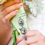 Framendino, 2 Pack Sublimation Blank Bouquet Photo Charms Pin Pouch with Angel Pendant Wedding Memory Bridal Bouquet Picture Charm Clip DIY Jewelry Making 2 Sheet Framendino