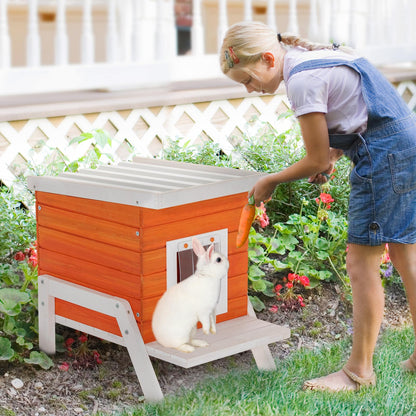 Petsfit Cat House Outdoor, Insulated High Feet + Feeding Station +Door Curtain, Wood Outside Cat House, Bunny Rabbit Hutch Orange - WoodArtSupply