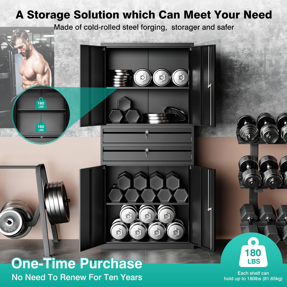 Metal Storage Cabinet with Drawer and Locks,Black Garage Storage Cabinet with Locking Doors and Adjustable Shelves,71" Tall Large Metal Cabinets with Magnetic Door for Home,Office,Garage SISESOL