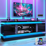71IN LED TV Stands w/Power Outlet for 85/80/75 Inch TV,High Glossy Modern TV Console Gaming Entertainment Center with 2 Storage Cabinets,Dual LED Lights Strips for Living Room,Bedroom,Black chartustriable