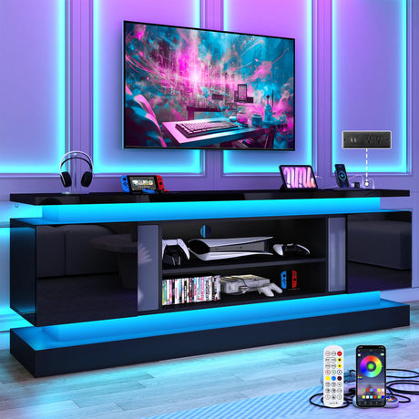 71IN LED TV Stands w/Power Outlet for 85/80/75 Inch TV,High Glossy Modern TV Console Gaming Entertainment Center with 2 Storage Cabinets,Dual LED Lights Strips for Living Room,Bedroom,Black chartustriable