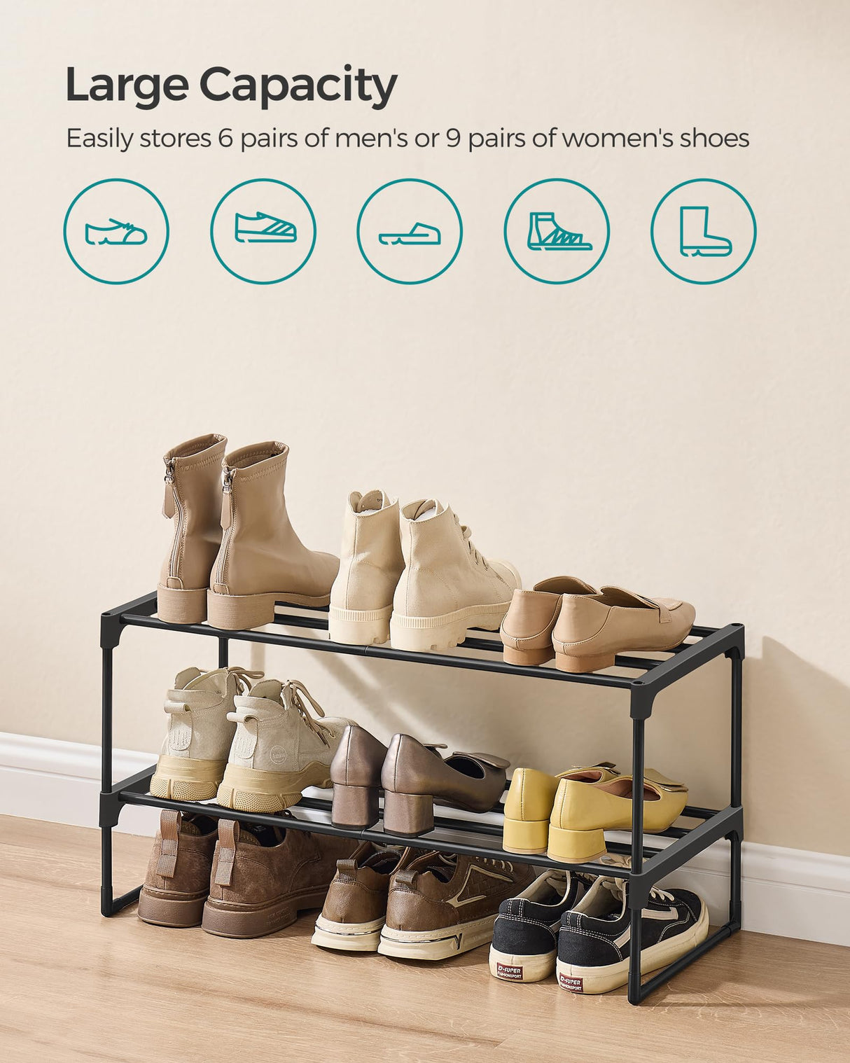 SONGMICS Shoe Rack, 2-Tier Shoe Organizer, Metal Storage Shelf, Upright or Upside Down, for 6-9 Pairs, Stackable, for Entryway, 11.8 x 26.8 x 13.2 Inches, Black ULSA202B01 SONGMICS