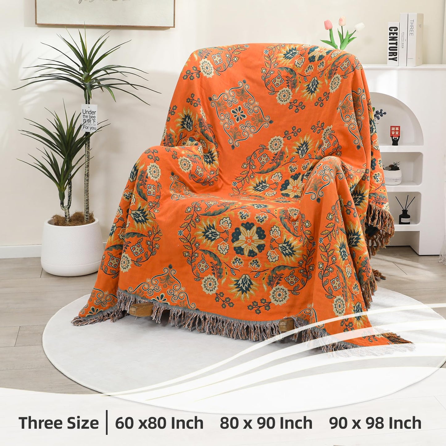 VANJOROY Boho Large Throw Blanket, 100% Cotton Breathable Soft Bed Throw - Floral Farmhouse Decor Blanket for Sofa Couch Chair and Gift. 60" x 80"- Orange